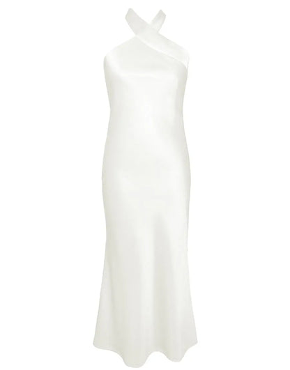 Simple Ivory Sheath Halter Neckline Tea Length Bridesmaid Dress Wedding Guest Party Dresses