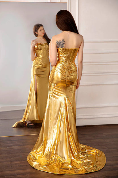 Metallic Gold Strapless Sweetheart Prom Dress Sweep/Brush Train Dresses
