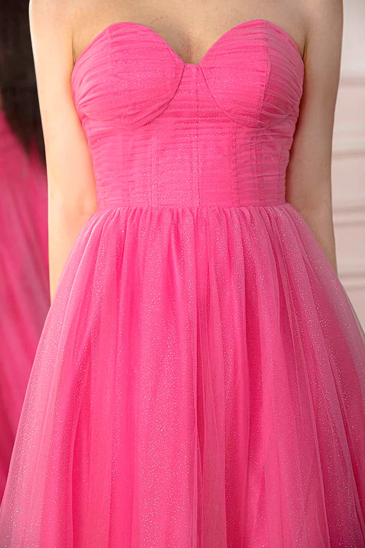 A-Line Princess Pink Strapless Long Tulle Prom Gown Prom Dress