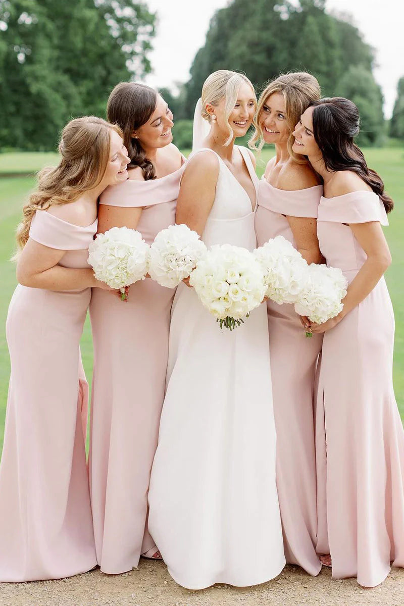 Mermaid Off the Shoulder Light Pink Long Bridesmaid Dresses