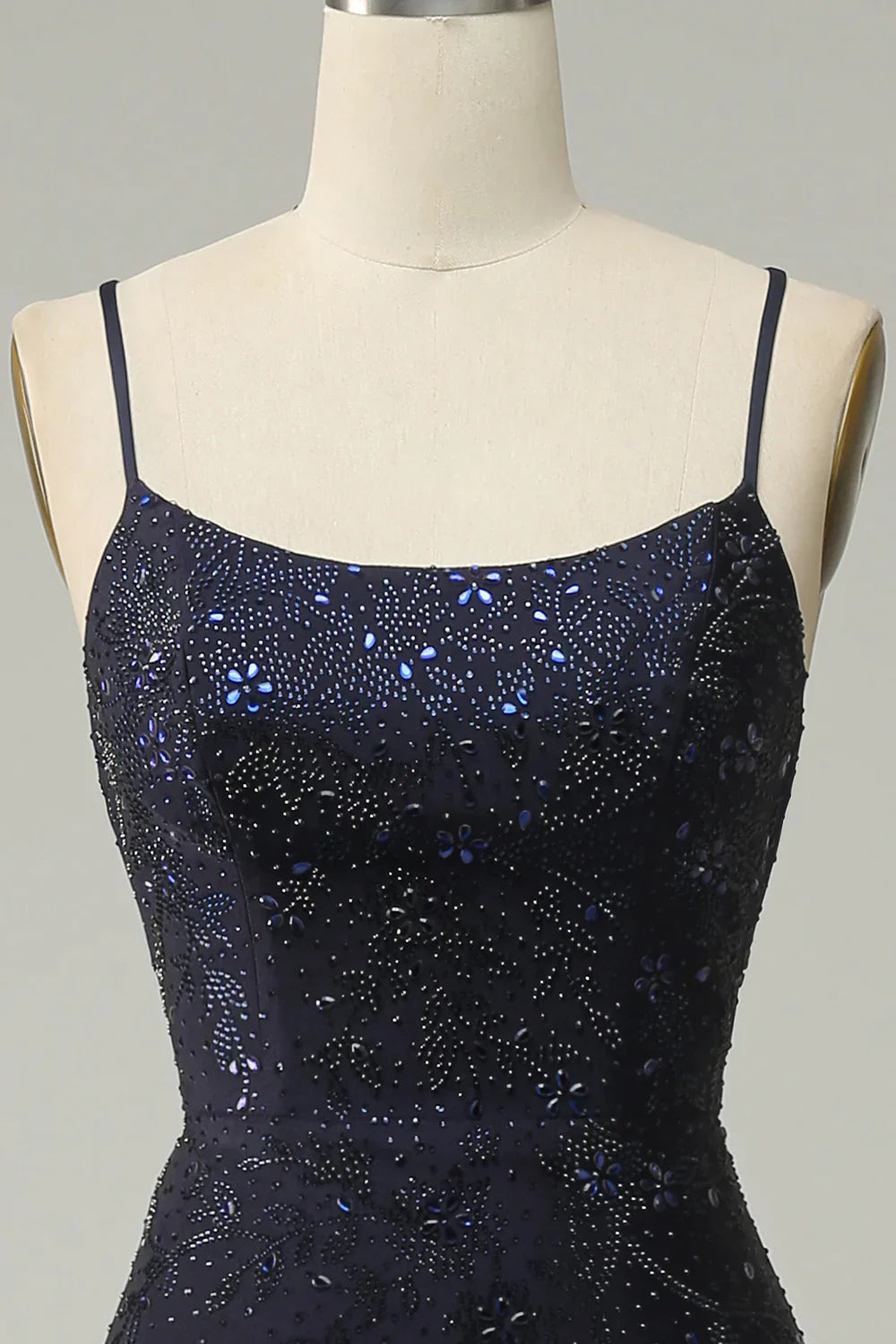 Navy Spaghetti Straps Beaded Prom Dress Split With Lace Up Back