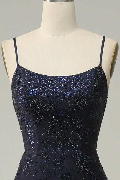 Navy Spaghetti Straps Beaded Prom Dress Split With Lace Up Back