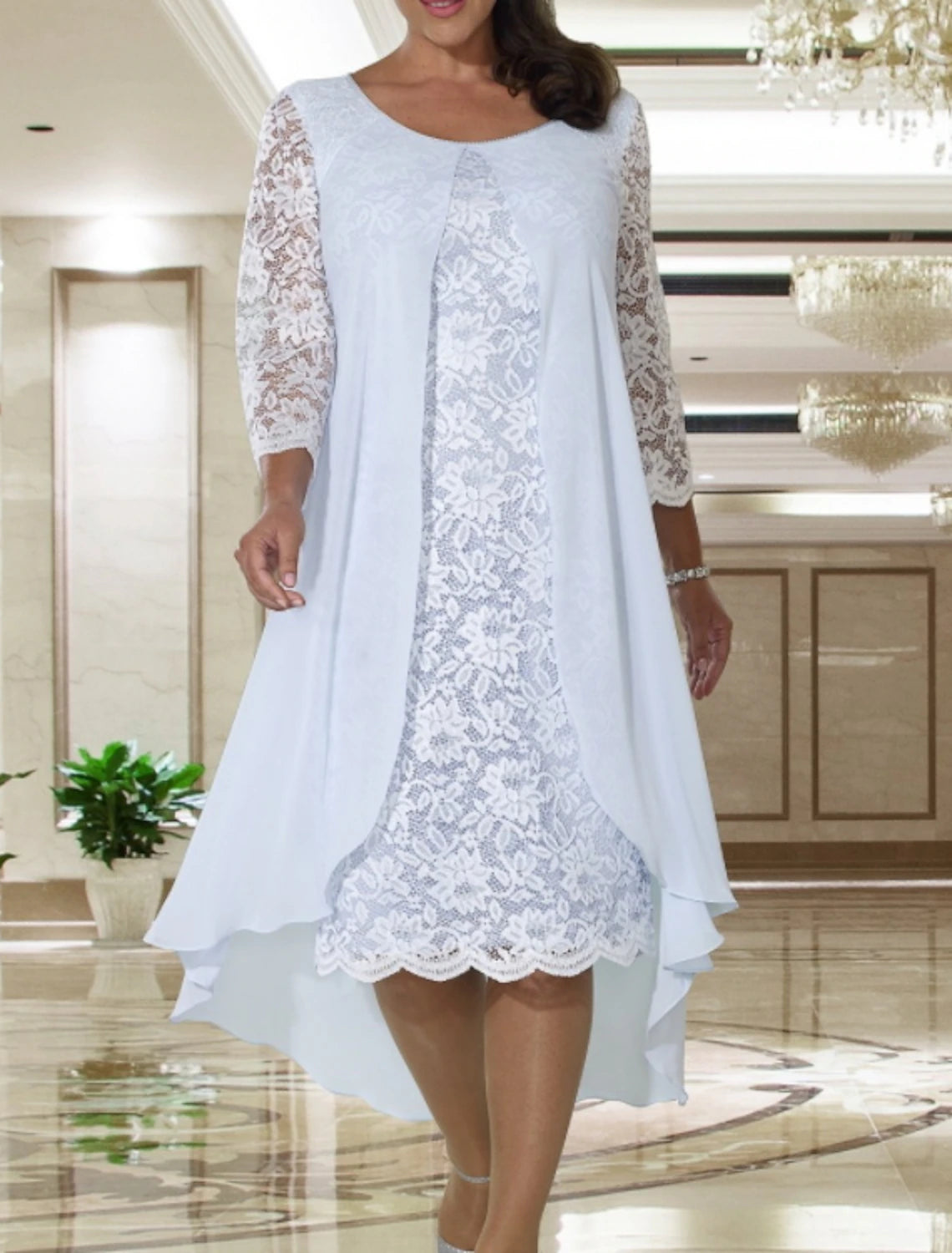 A-Line Mother of the Bride Dress Wedding Guest Elegant Plus Size Knee Length Chiffon Lace