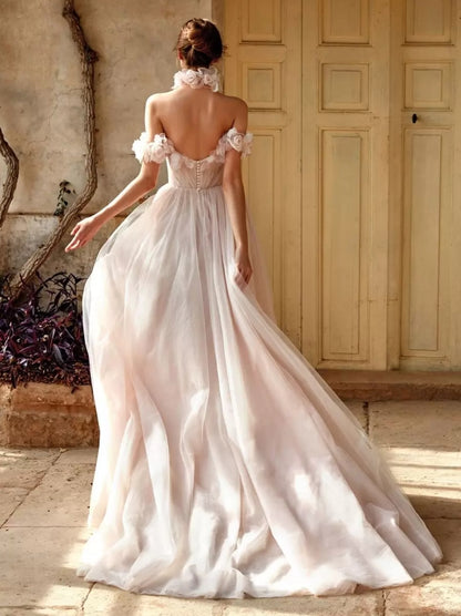 A-Line Princess Wedding Dress V-Neck Sleeveless With Train Organza Bridal Gowns