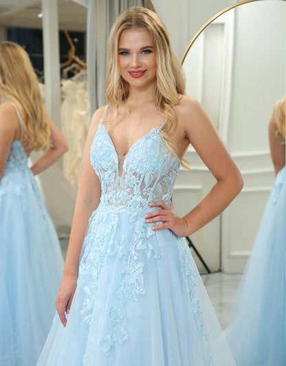 Light Blue A Line Princess Tulle Backless Long Prom Dress With Appliques