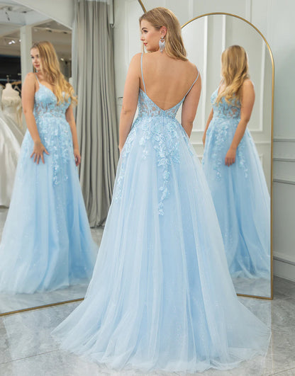 Light Blue A Line Princess Tulle Backless Long Prom Dress With Appliques