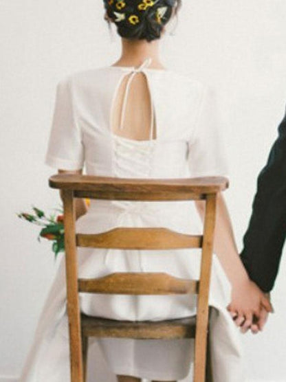Simple Wedding Dress V-Neck Short Sleeves Tea length A-Line Bridal Dresses