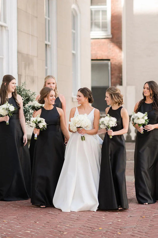 Simple A-Line Round Neck Satin Floor-length Bridesmaid Dresses