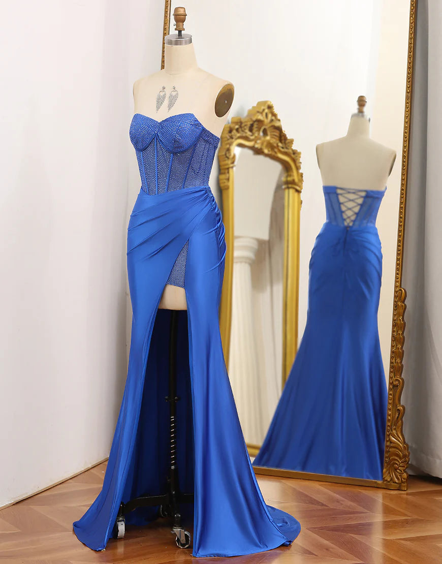 Mermaid Strapless Royal Blue Corset Prom Dress Beading With Slit