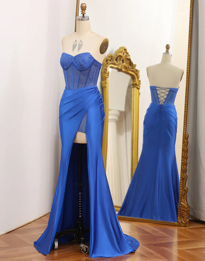 Mermaid Strapless Royal Blue Corset Prom Dress Beading With Slit