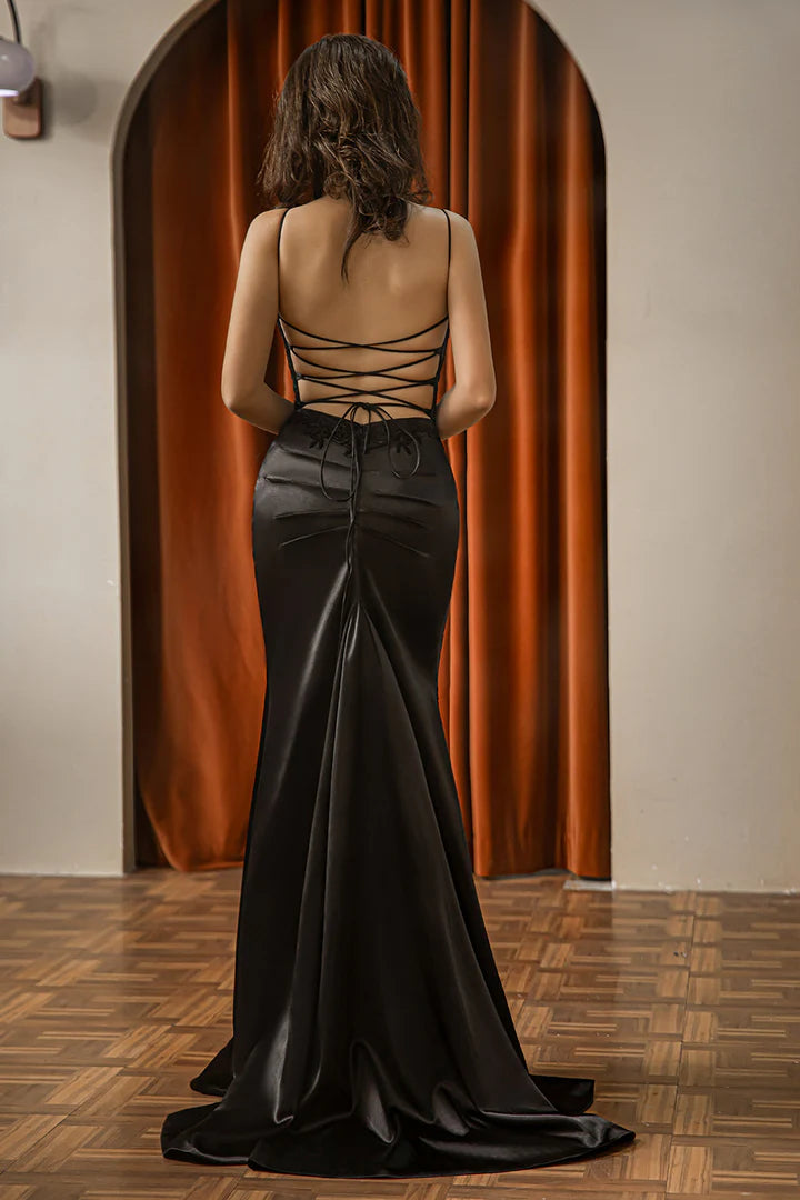 Spaghetti Strap Satin Fitted Embroidery Black Prom Dress with Slit