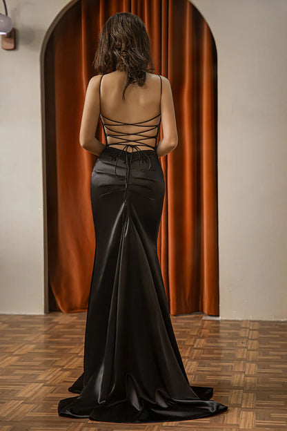 Spaghetti Strap Satin Fitted Embroidery Black Prom Dress with Slit