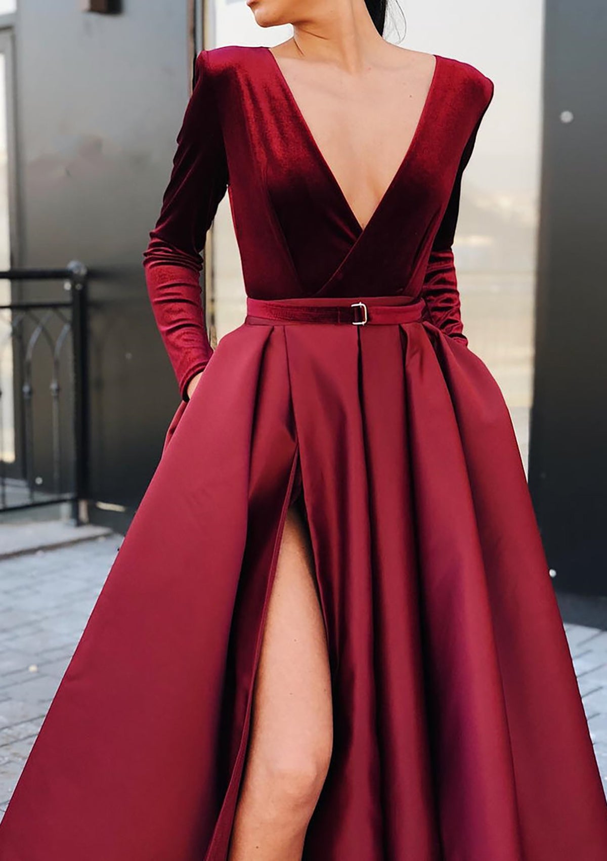 Burgundy A-line V Neck Strapless Long Satin Velvet Prom Dress With Waistband Split