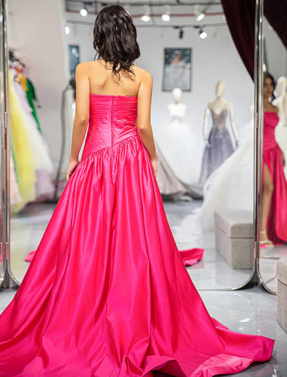 A-Line Strapless Pink High Slit Satin Prom Dress Ballgown Sweep/Brush Train Dresses