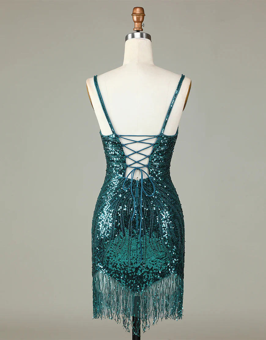 Glitter Deep V-Neck Beaded Short Fringe Homecoming Dress With Lace Up Back
