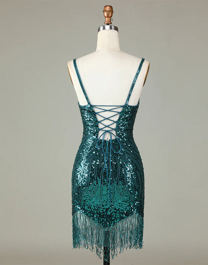 Glitter Deep V-Neck Beaded Short Fringe Homecoming Dress With Lace Up Back