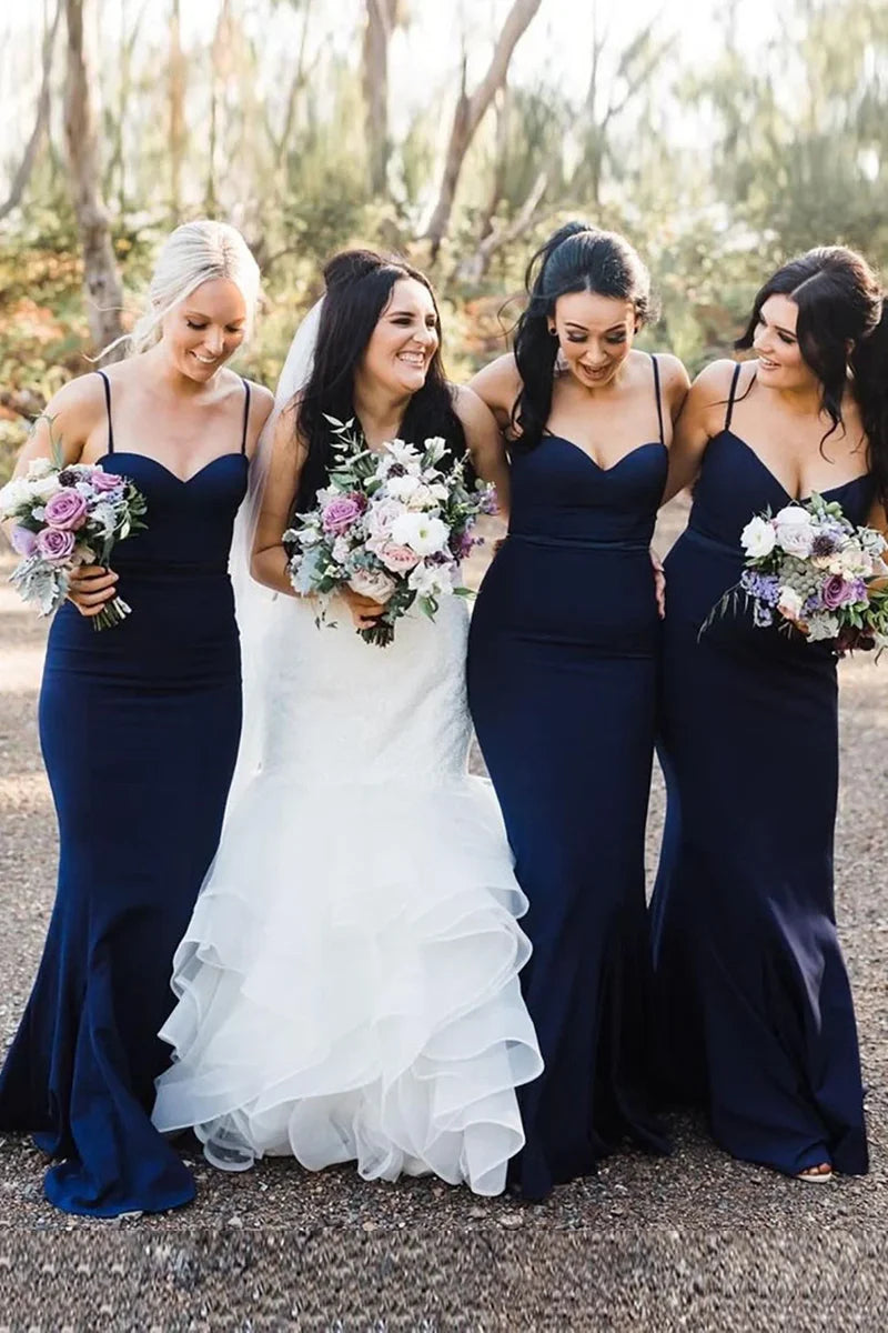 Navy Spaghetti Straps Mermaid Floor-length Bridesmaid Dress