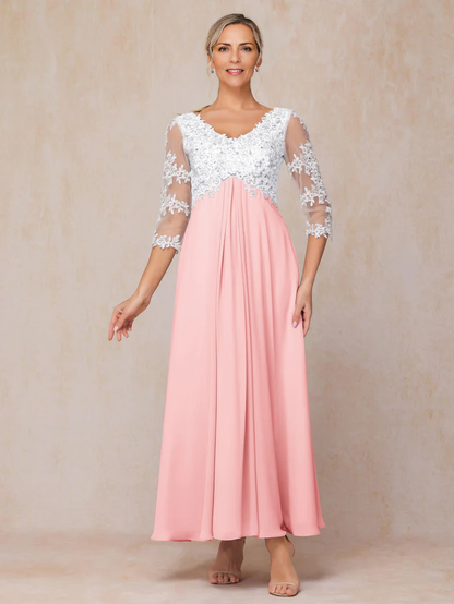 3/4 Sleeves A Line Ankle Length Chiffon Lace Mother of the Bride Dresse