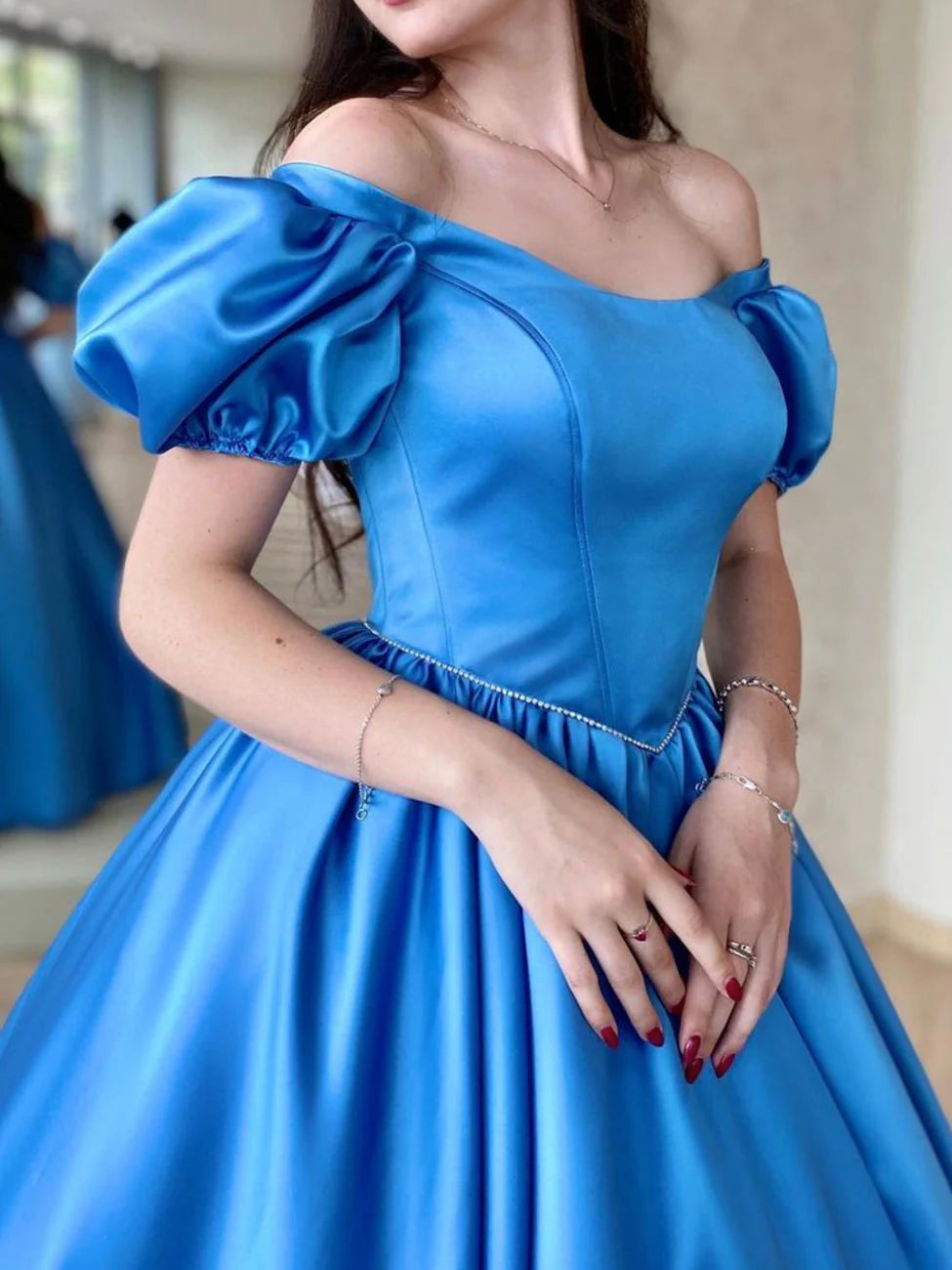 Ballgown Satin Long Prom Dress A Line Long Blue Graduation Dresses