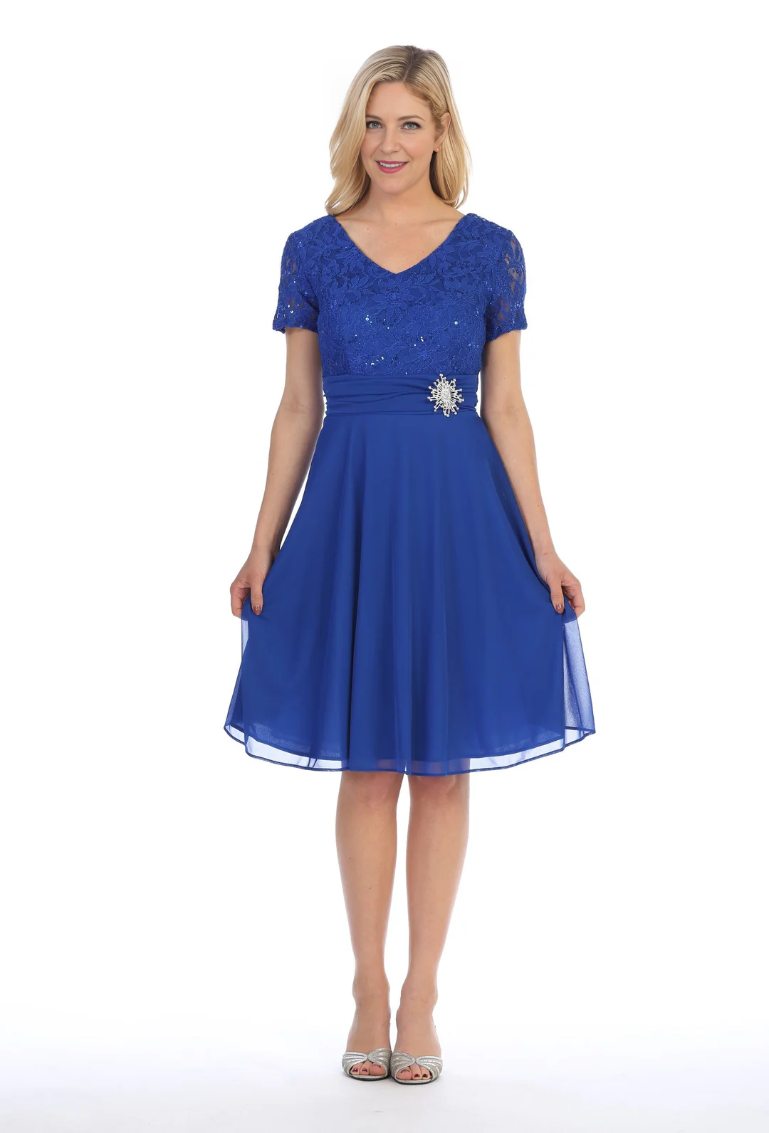 Short Knee Length Dress with Short Sleeve Lace Bodice