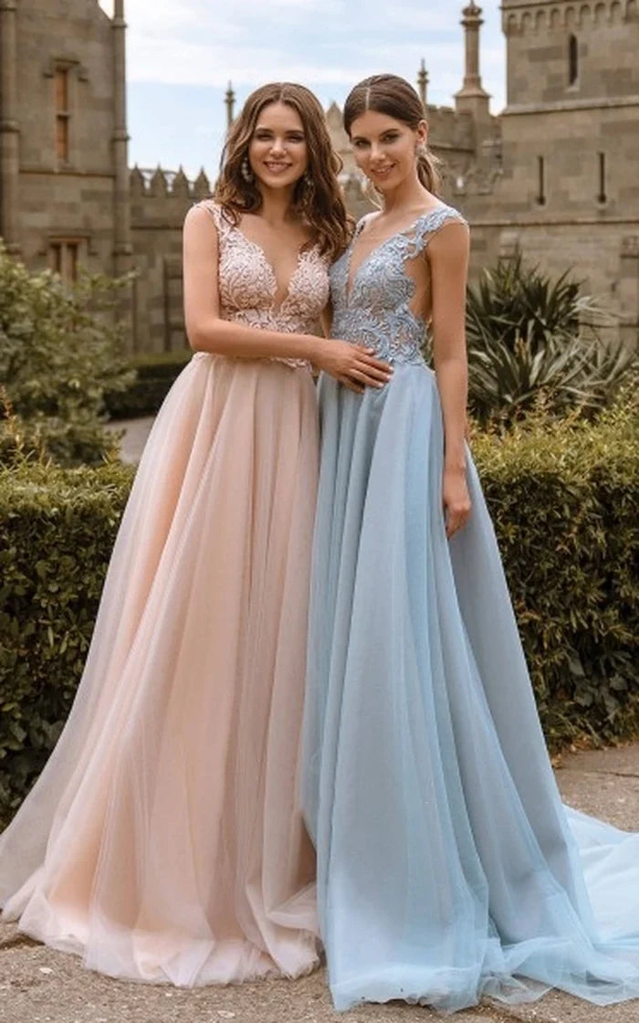 A-Line Lace V Neck Bridesmaid Dresses Sexy Illusion Back Tulle Dresses