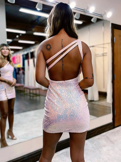 One Shoulder Sequin Bodycon Backless Homecoming Dress