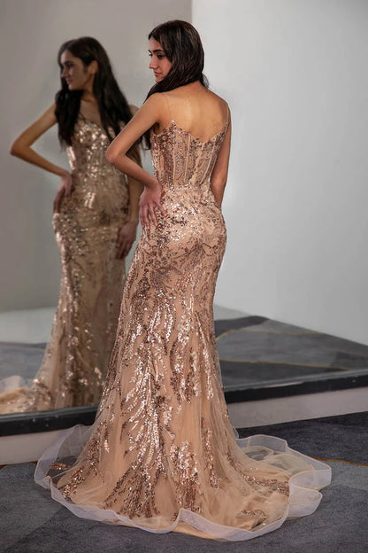 Champagne Sequins Prom Dress with Sheer Corset Bodice Sweep/Brush Train Dresses
