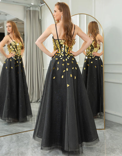 Black Golden Sequins A Line Sweetheart Long Prom Dress With Mirror
