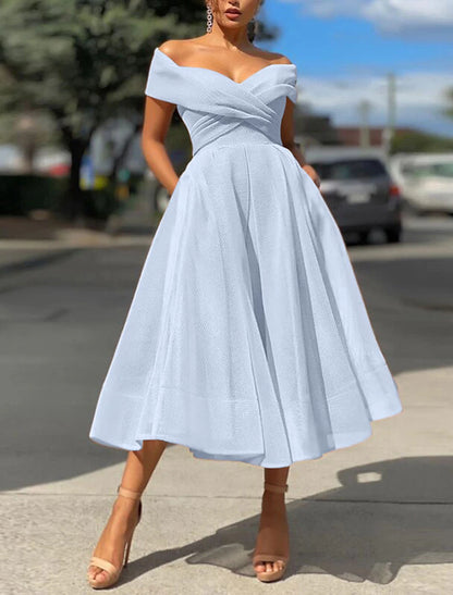 A-Line Prom Dresses Vintage Dress Wedding Guest Tea Length Off Shoulder with Ruched