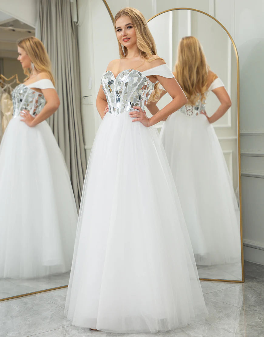 White A Line Princess Tulle Off the Shoulder Long Mirror Prom Dress