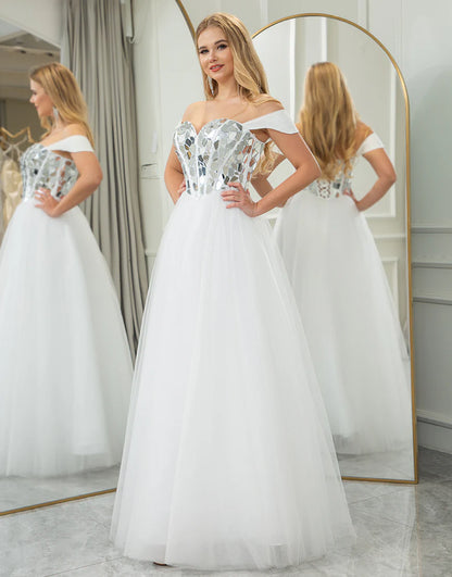 White A Line Princess Tulle Off the Shoulder Long Mirror Prom Dress
