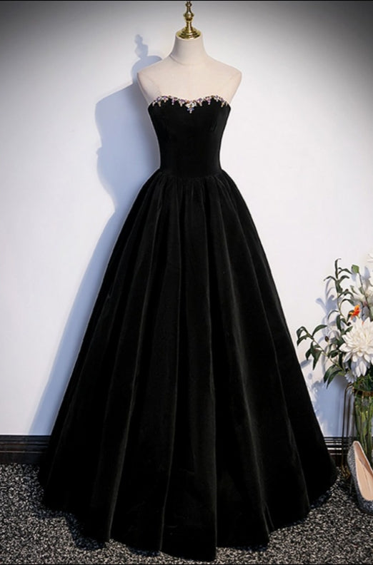 Black Strapless Velvet Prom Dress With Removable Sleeves Evening Dress