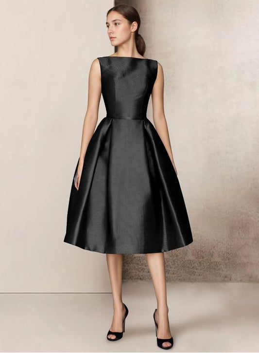 A-Line Wedding Guest Dresses Homecoming Tea Length Sleeveless V Neck Pocket Satin with Bow(s)