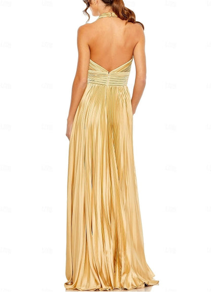 Wedding Guest Dresses Formal Black Tie Floor Length Sleeveless Halter Neck with Bow(s) Pleats