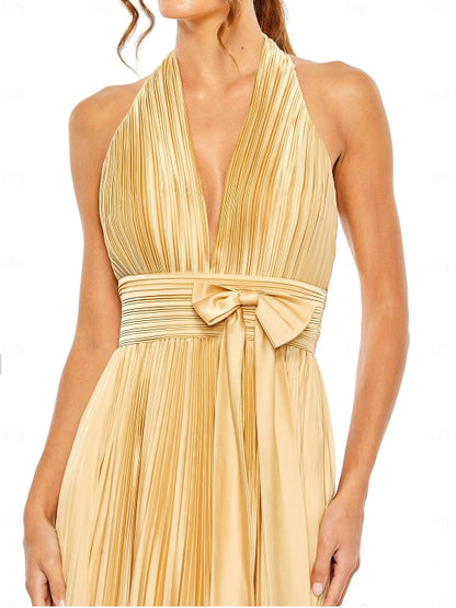 Wedding Guest Dresses Formal Black Tie Floor Length Sleeveless Halter Neck with Bow(s) Pleats
