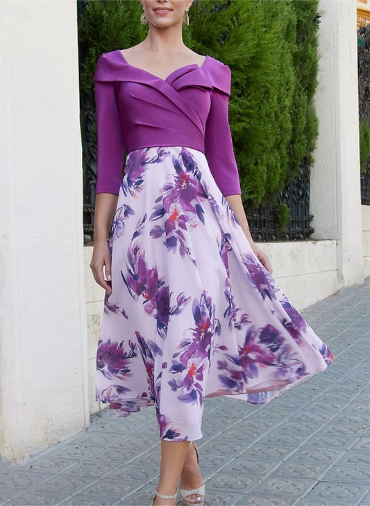 Two Piece Wedding Guest Dress Jewel Neck Floral Dress with Beading / Lace Blue Semi-formal Dress