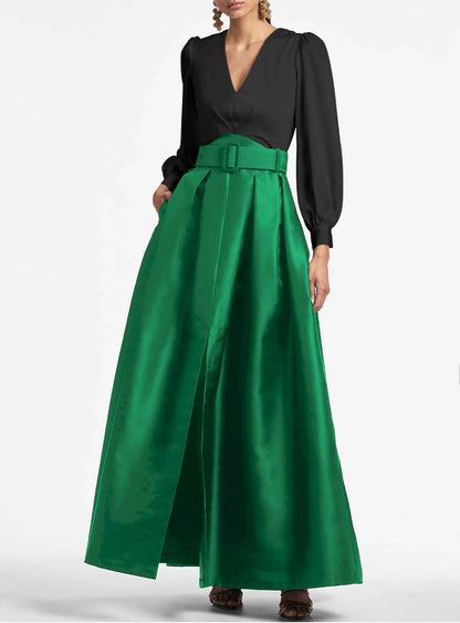 A-Line Party Dress Wedding Guest Floor Length Short Sleeve V Neck Belt / Sash Satin with Pleats