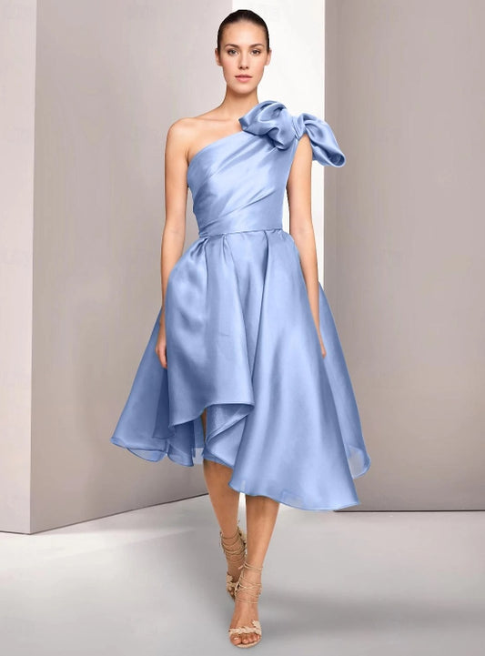 A-Line Cocktail Dresses Ruched Wedding Guest Dress Tea Length Sleeveless One Shoulder Satin with Slit