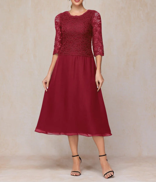 A-Line Tea Length Chiffon Lace Mother Of The Bride Dress