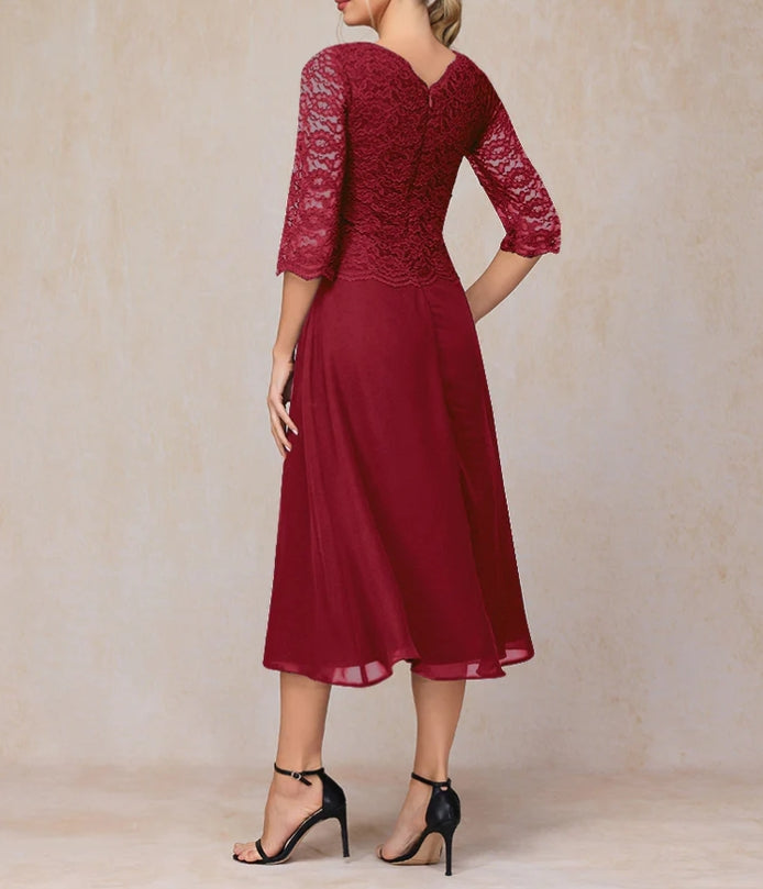 A-Line Tea Length Chiffon Lace Mother Of The Bride Dress