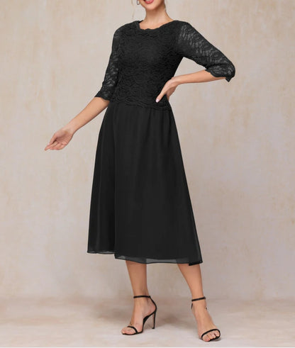 A-Line Tea Length Chiffon Lace Mother Of The Bride Dress