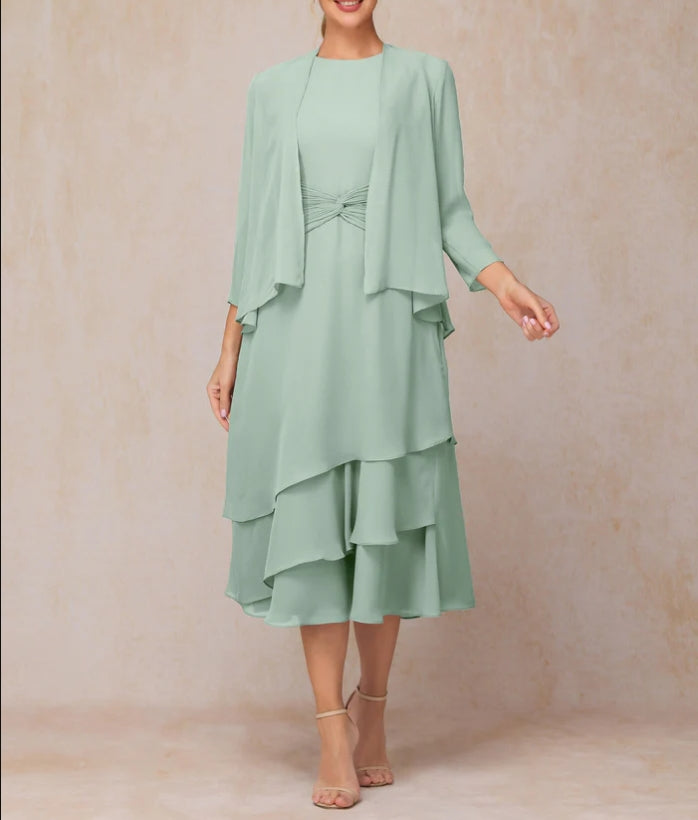 2 Pieces Tea Length Long Sleeves Formal Chiffon Mother Of The Bride Dress