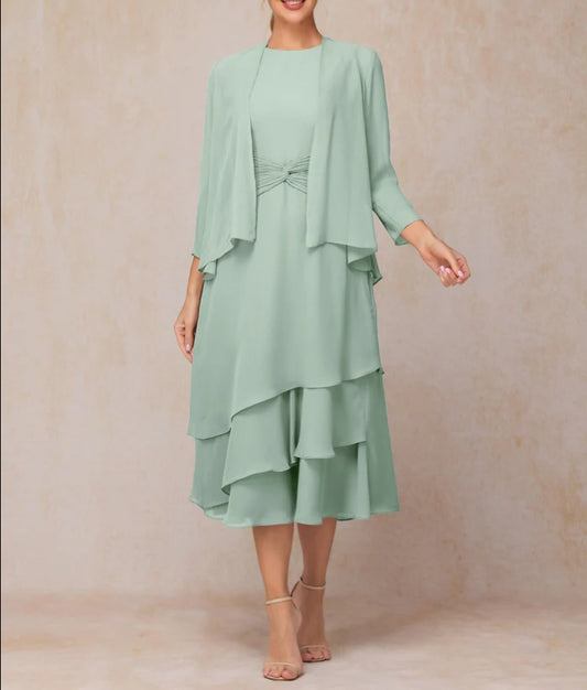 2 Pieces Tea Length Long Sleeves Formal Chiffon Mother Of The Bride Dress