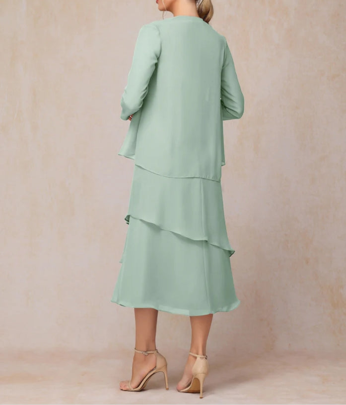 2 Pieces Tea Length Long Sleeves Formal Chiffon Mother Of The Bride Dress