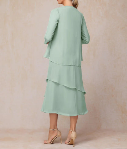 2 Pieces Tea Length Long Sleeves Formal Chiffon Mother Of The Bride Dress