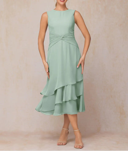 2 Pieces Tea Length Long Sleeves Formal Chiffon Mother Of The Bride Dress