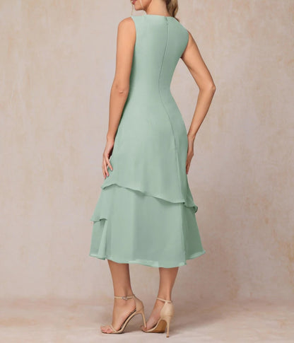 2 Pieces Tea Length Long Sleeves Formal Chiffon Mother Of The Bride Dress