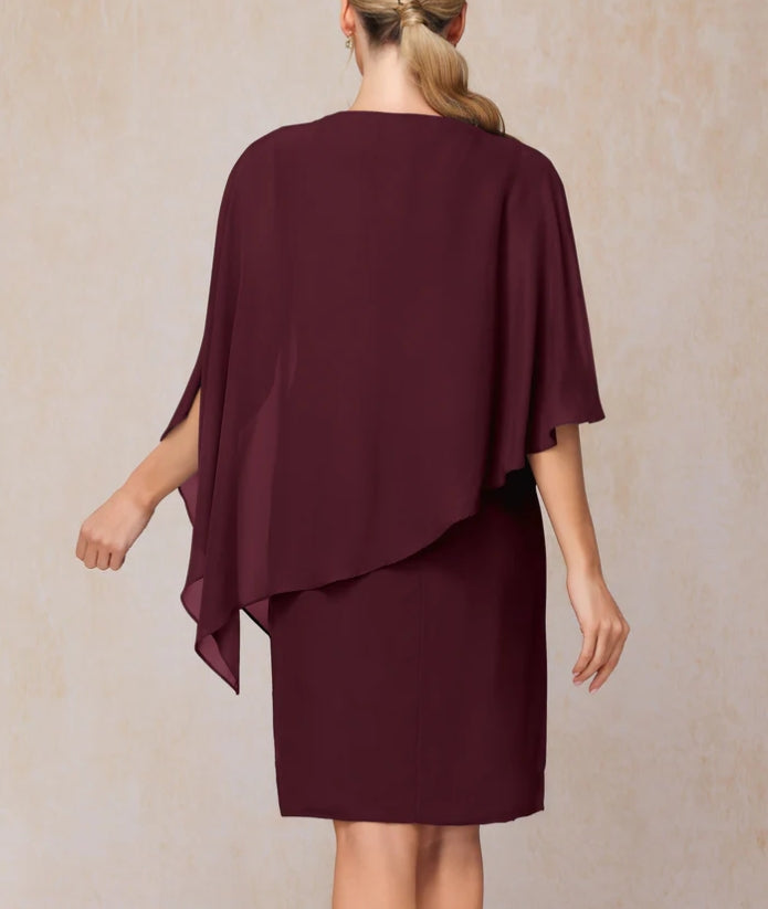 Cape Knee Length Short Sleeves Chiffon Mother Of The Bride Dress