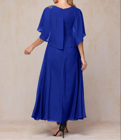 Short Sleeves Ankle Length Cape Chiffon Mother Of The Bride Dress