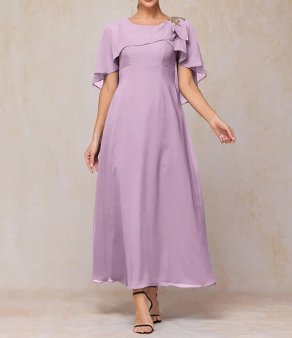 Short Sleeves Ankle Length Cape Chiffon Mother Of The Bride Dress